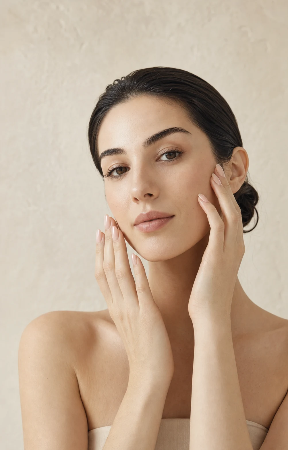 Beauty studio client showing a soft nude manicure
