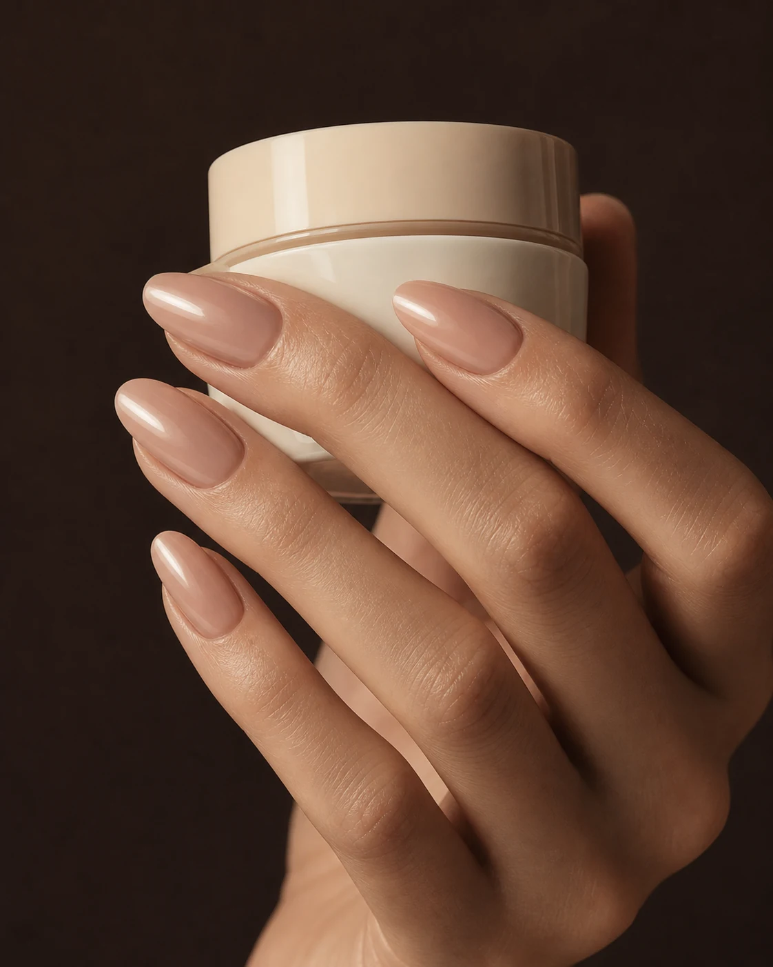 Soft nude gel manicure with a beauty cream jar